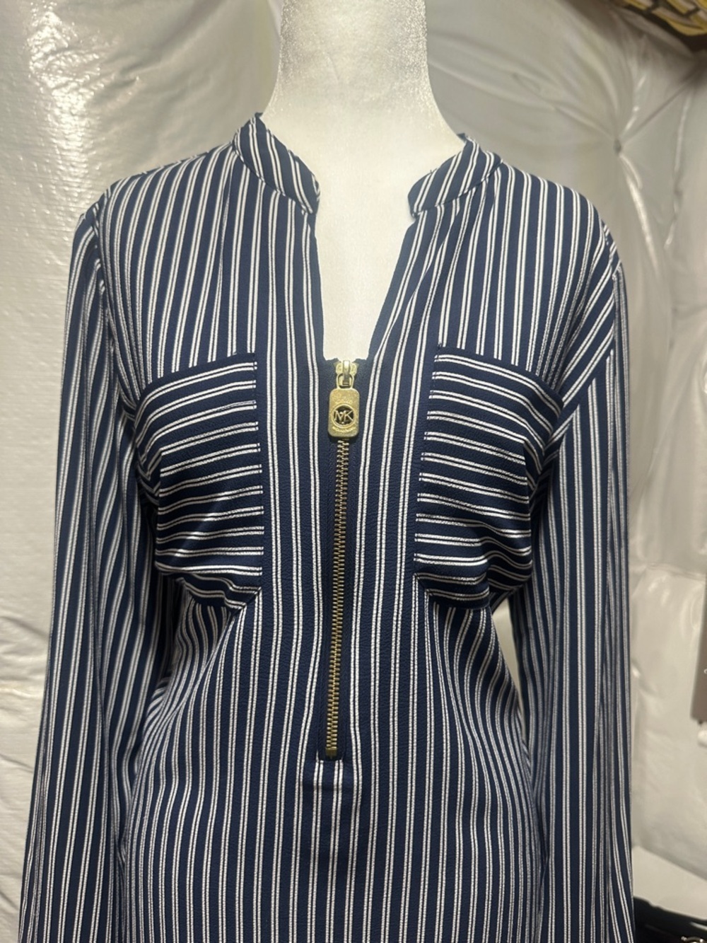 Michael Kors Navy & White Striped Zip-Front Blouse